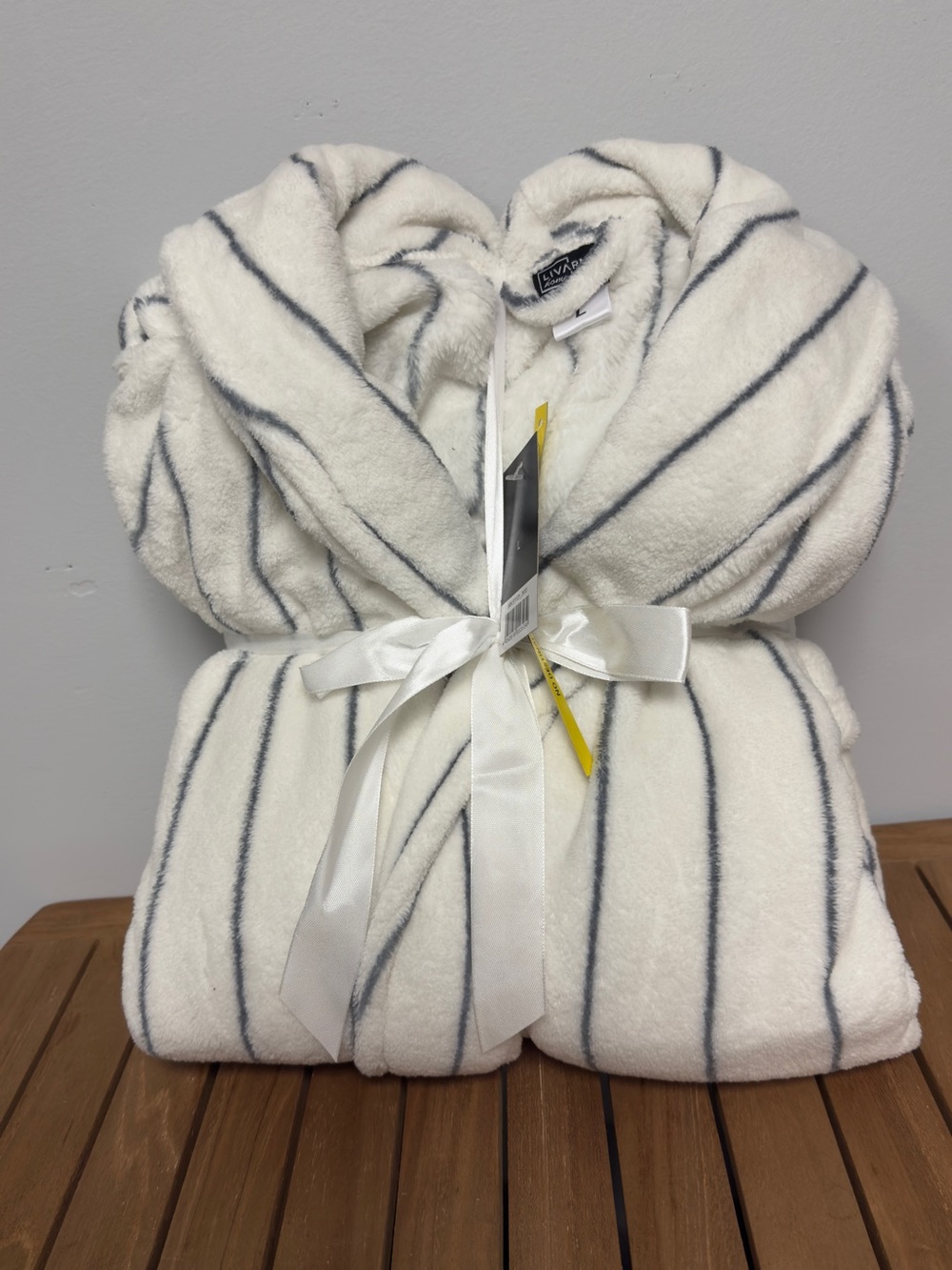 NEW Striped Plush Robe - White with Black Stripes Size L